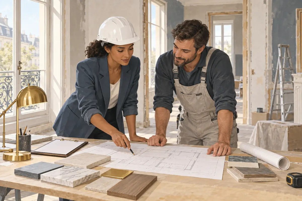 Illustration d'une coordinatrice et d'un artisan préparant les étapes des travaux.