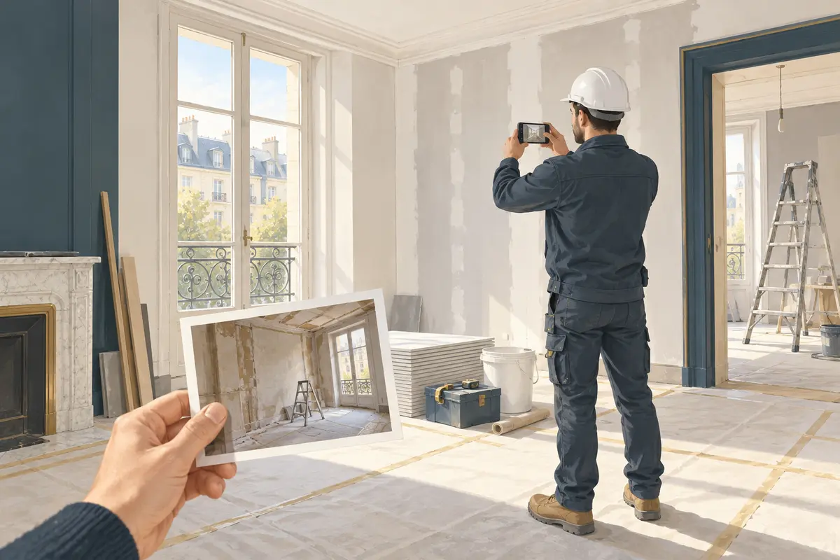 Illustration d'un responsable photographiant l'avancement d'une rénovation.