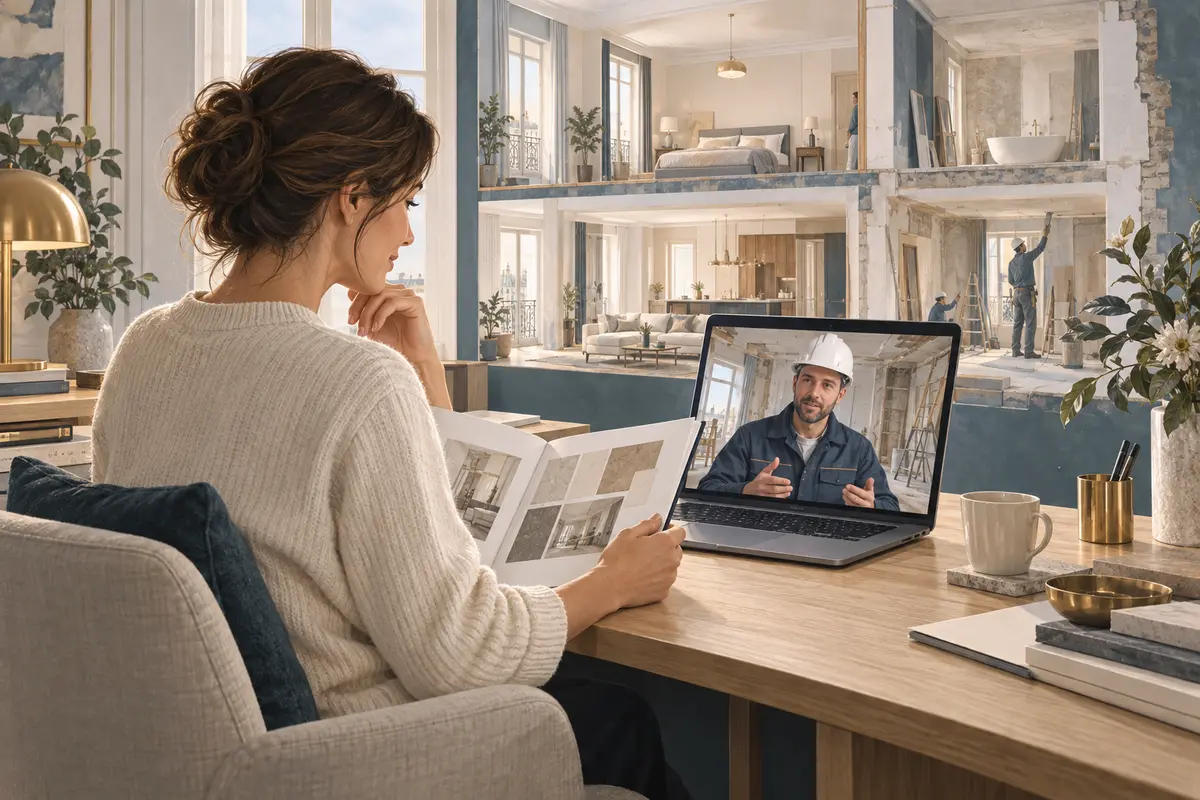 Illustration d'une propriétaire suivant sa rénovation à distance en visioconférence.